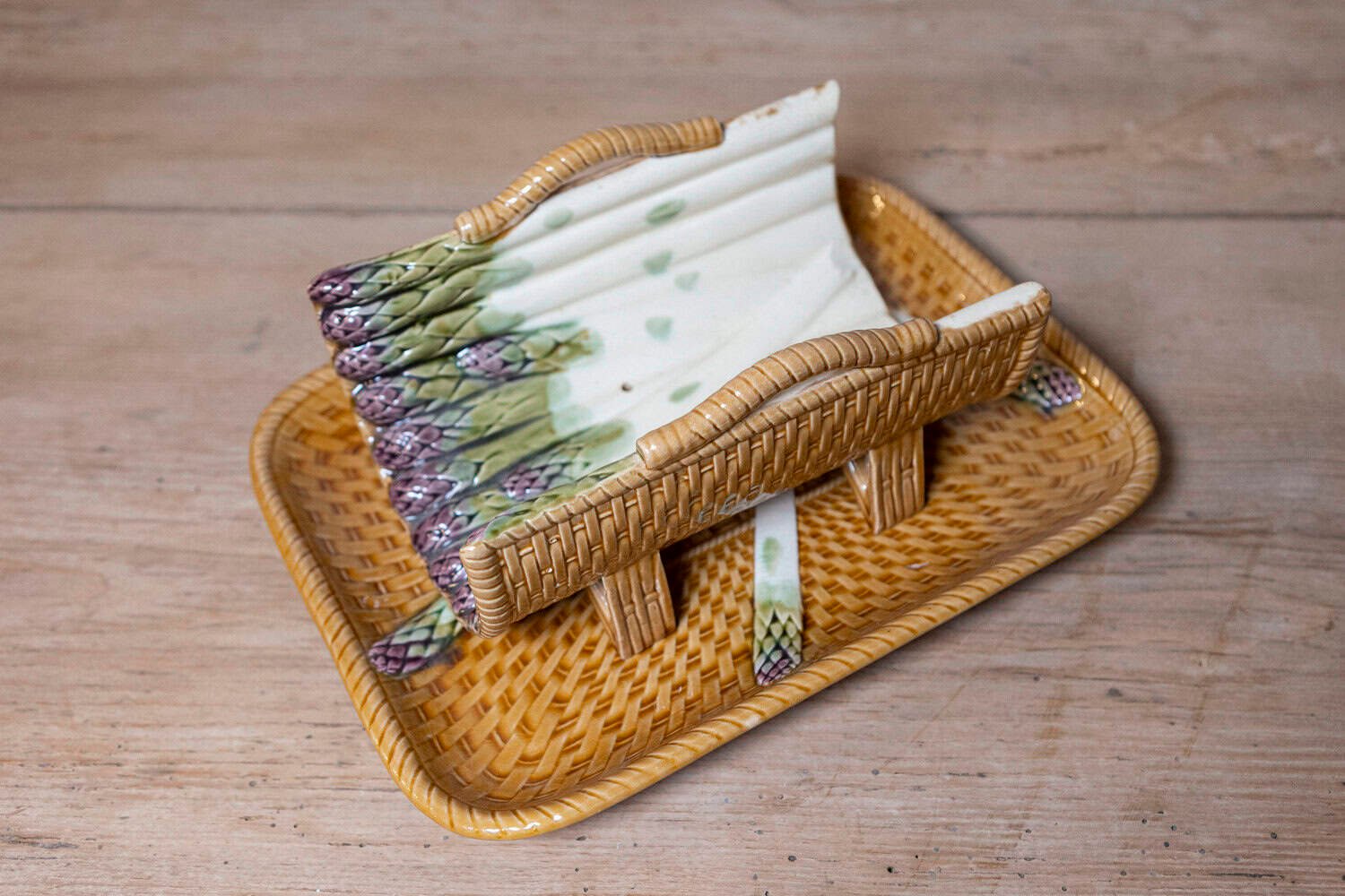 French 19th Century Majolica Asparagus Tray with Cradle and Wicker Motif - JAA