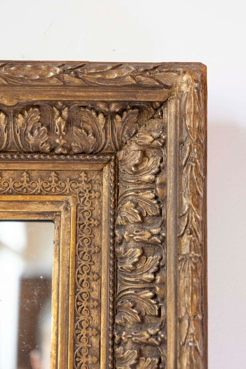 French 20th Century Gilded Mirror with Carved Foliage Motifs and Beads - JAA