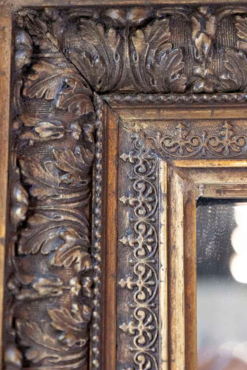 French 20th Century Gilded Mirror with Carved Foliage Motifs and Beads - JAA