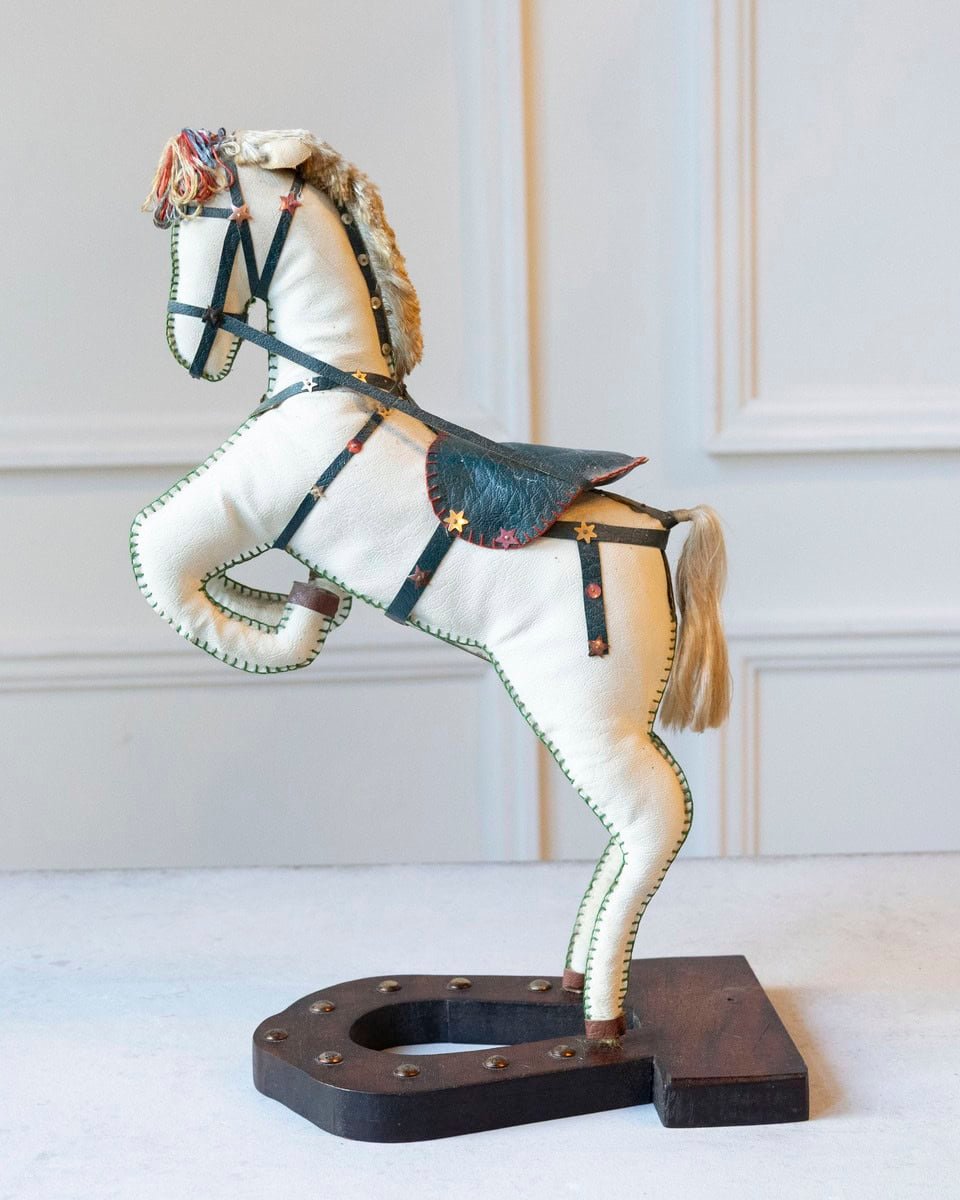 French 20th Century Decorative Moleskin Horse Sculpture with Dark Embossed Saddle and Star Hardware in Rearing Pose - JAA