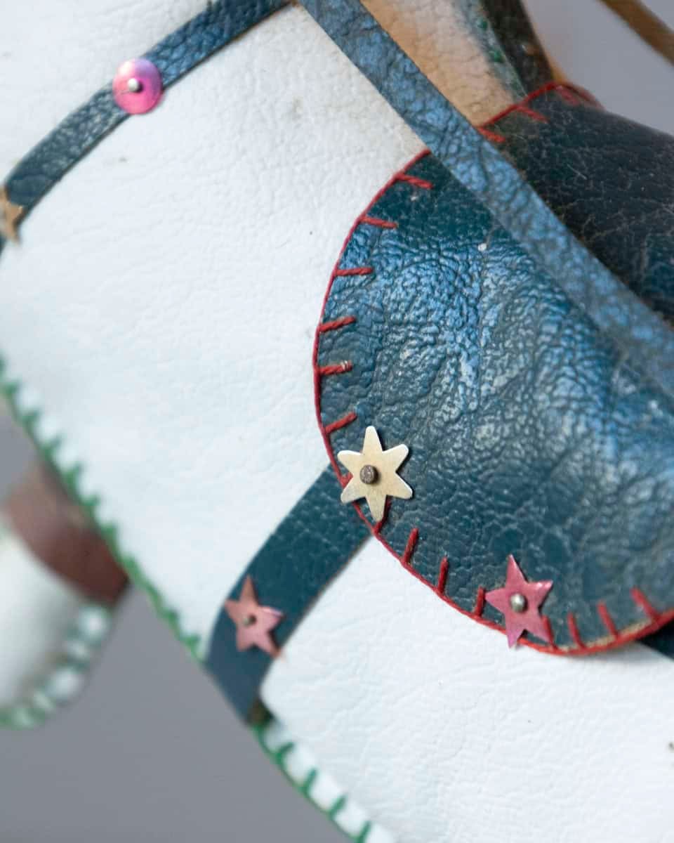 French 20th Century Decorative Moleskin Horse Sculpture with Dark Embossed Saddle and Star Hardware in Rearing Pose - JAA