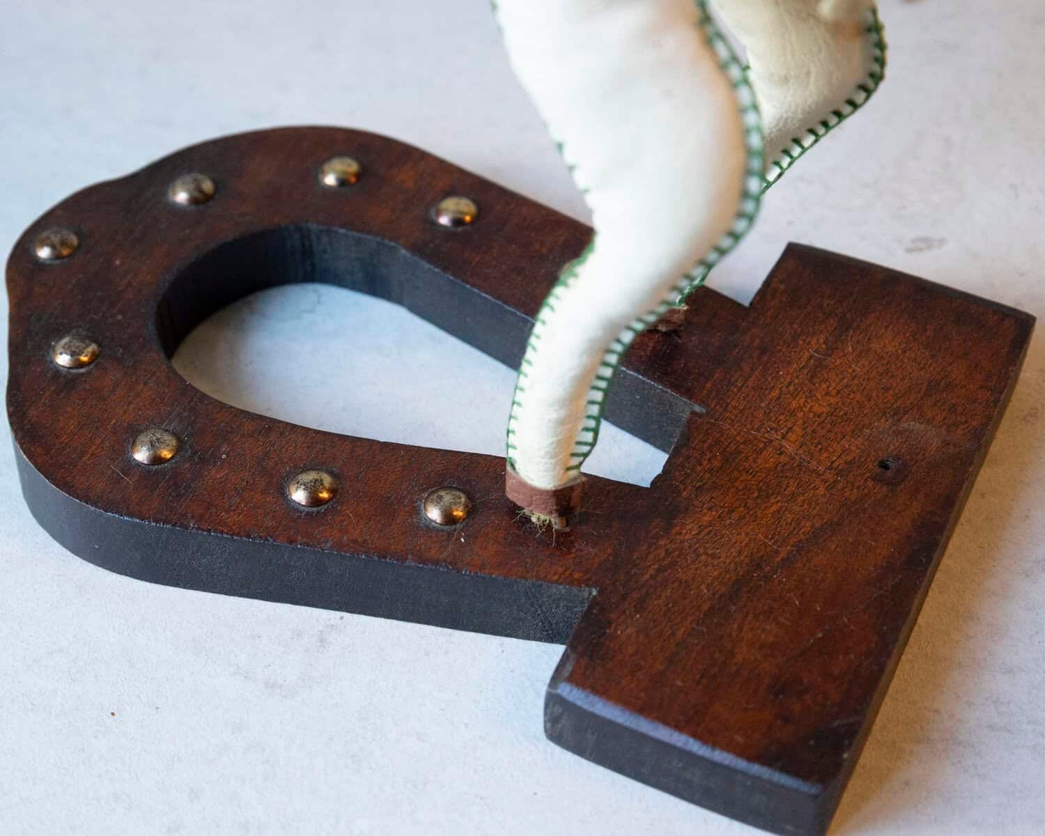 French 20th Century Decorative Moleskin Horse Sculpture with Dark Embossed Saddle and Star Hardware in Rearing Pose - JAA