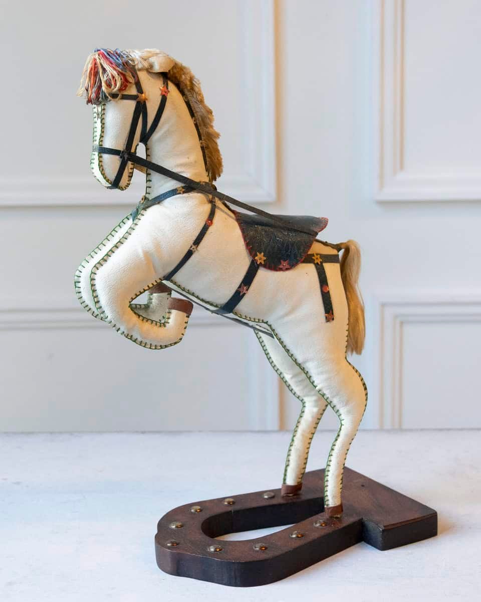 French 20th Century Decorative Moleskin Horse Sculpture with Dark Embossed Saddle and Star Hardware in Rearing Pose - JAA