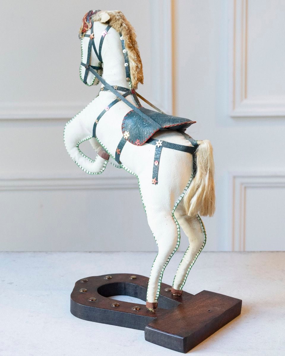 French 20th Century Decorative Moleskin Horse Sculpture with Dark Embossed Saddle and Star Hardware in Rearing Pose - JAA