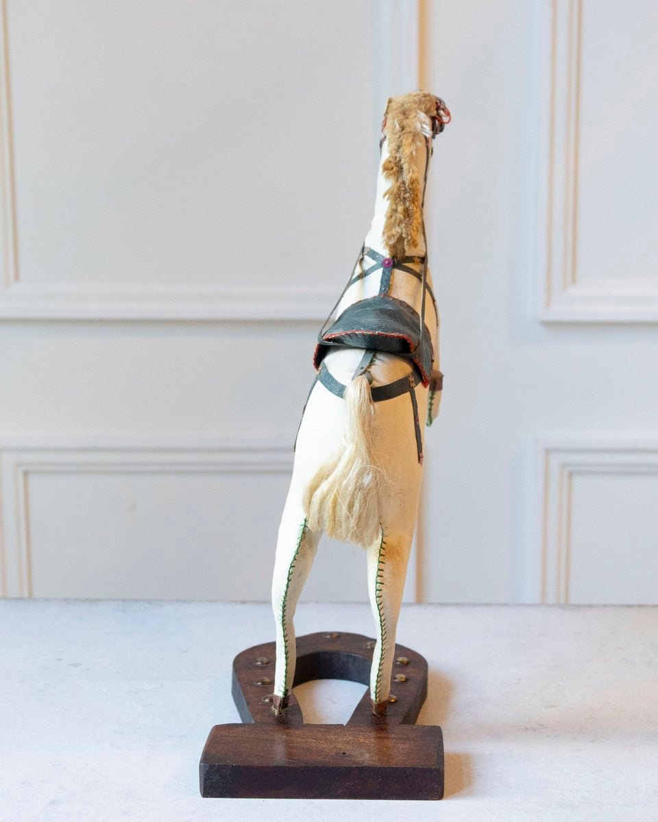 French 20th Century Decorative Moleskin Horse Sculpture with Dark Embossed Saddle and Star Hardware in Rearing Pose - JAA