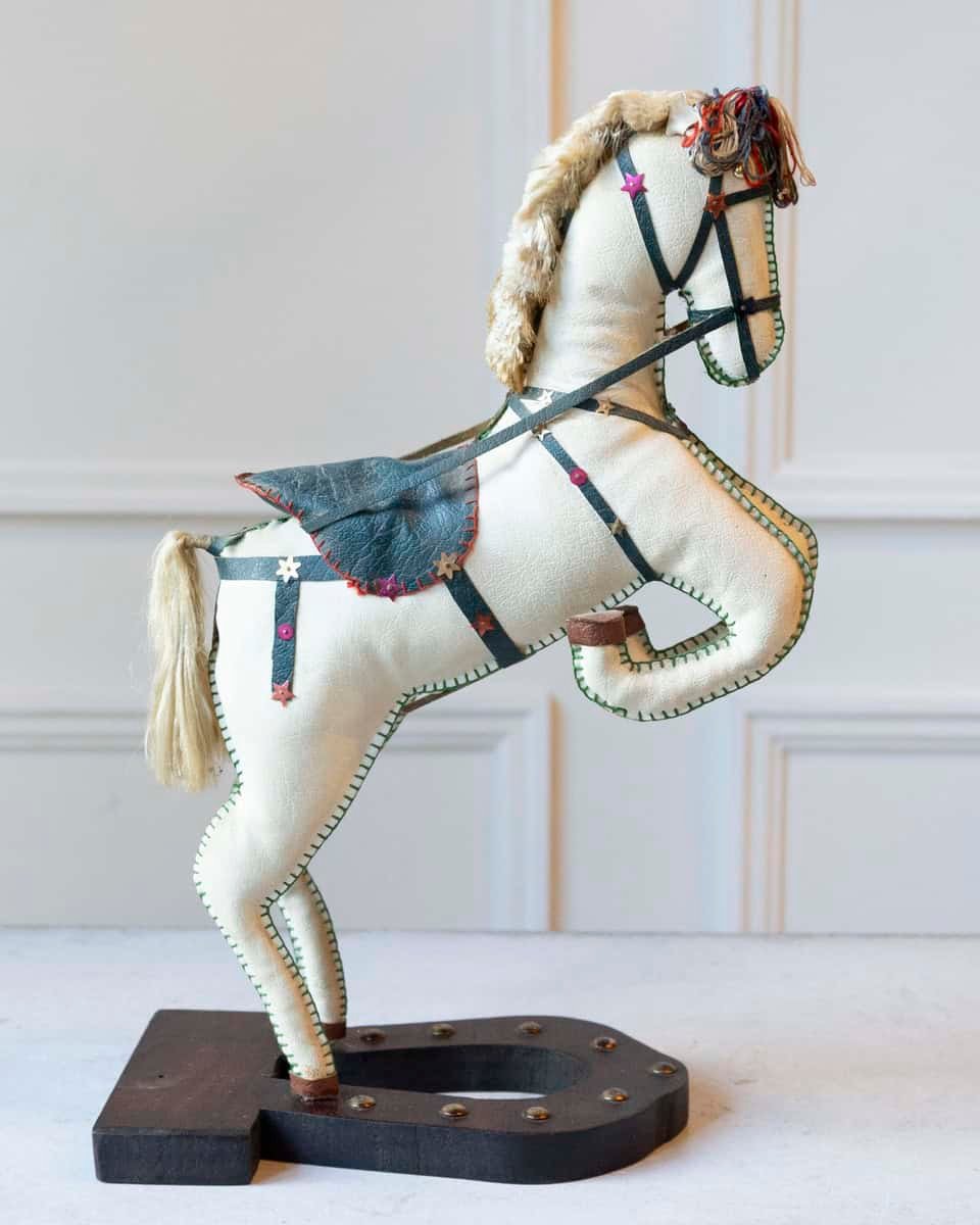 French 20th Century Decorative Moleskin Horse Sculpture with Dark Embossed Saddle and Star Hardware in Rearing Pose - JAA