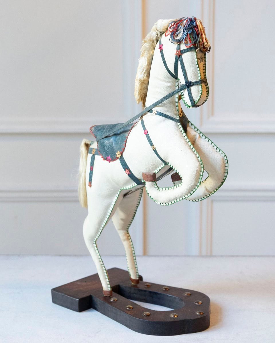 French 20th Century Decorative Moleskin Horse Sculpture with Dark Embossed Saddle and Star Hardware in Rearing Pose - JAA