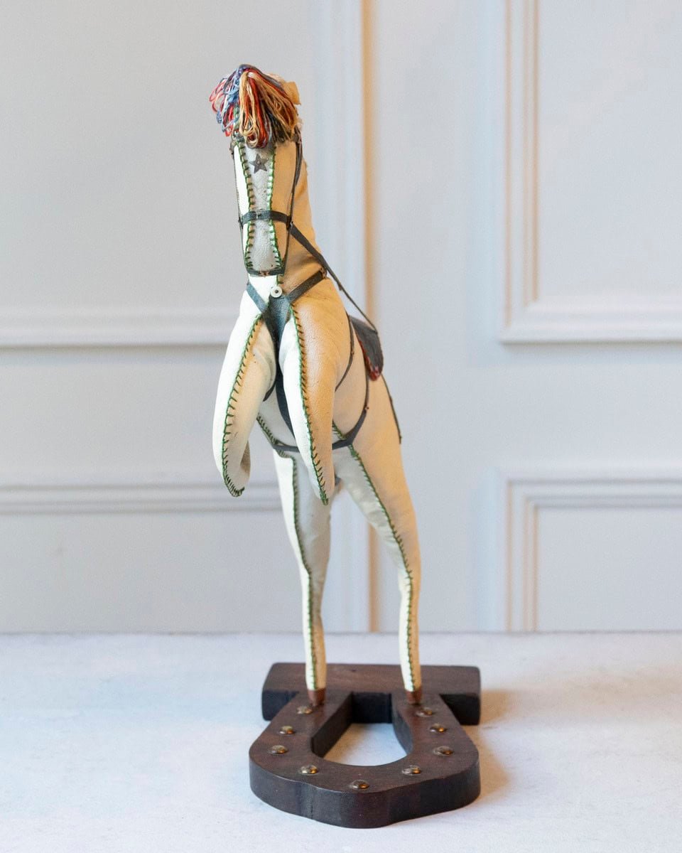 French 20th Century Decorative Moleskin Horse Sculpture with Dark Embossed Saddle and Star Hardware in Rearing Pose - JAA