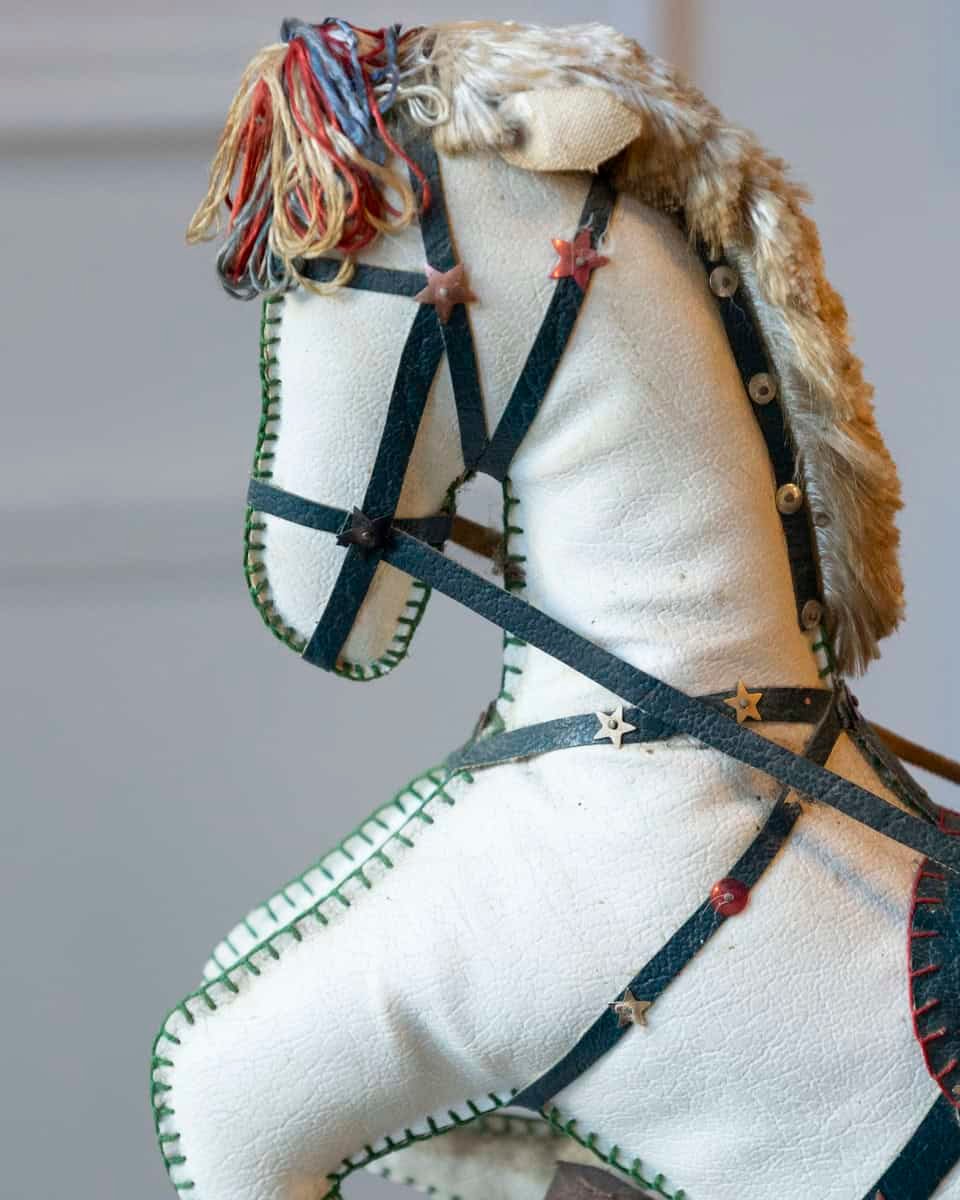 French 20th Century Decorative Moleskin Horse Sculpture with Dark Embossed Saddle and Star Hardware in Rearing Pose - JAA