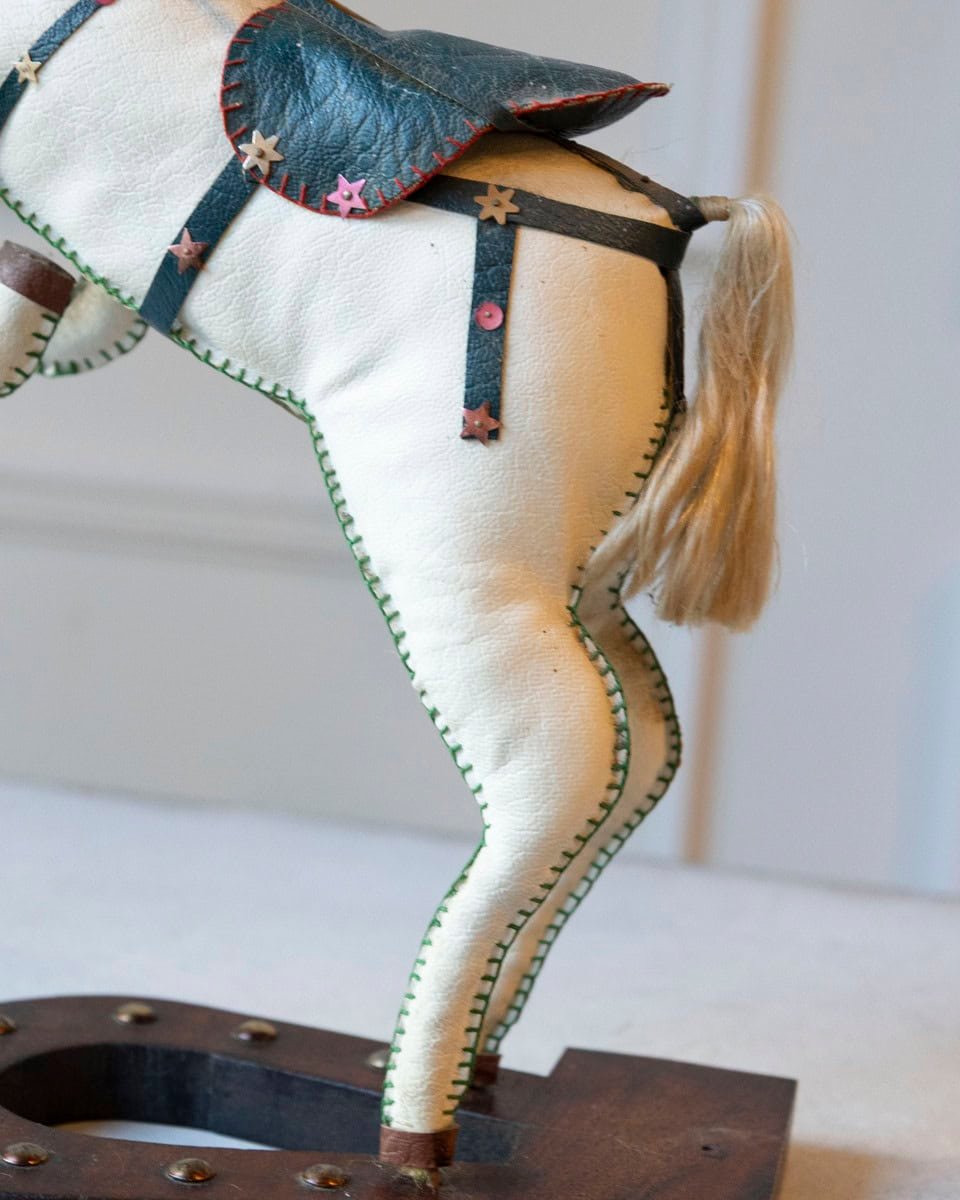 French 20th Century Decorative Moleskin Horse Sculpture with Dark Embossed Saddle and Star Hardware in Rearing Pose - JAA