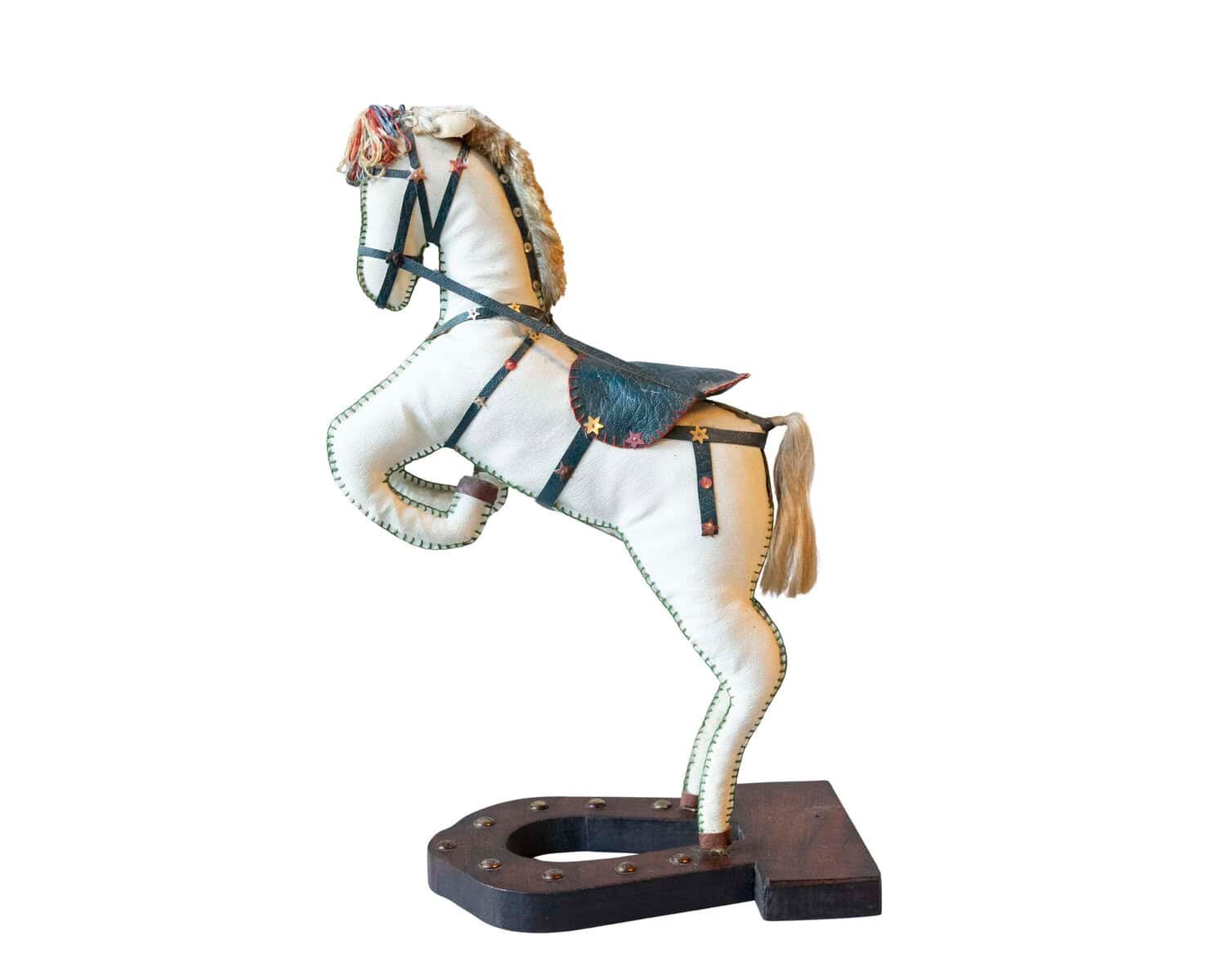 French 20th Century Decorative Moleskin Horse Sculpture with Dark Embossed Saddle and Star Hardware in Rearing Pose - JAA
