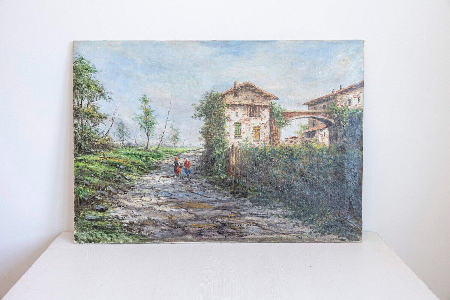 Austrian Oil Painting by Anton Brioschi Depicting a Farm Scene with Two Maidens - JAA