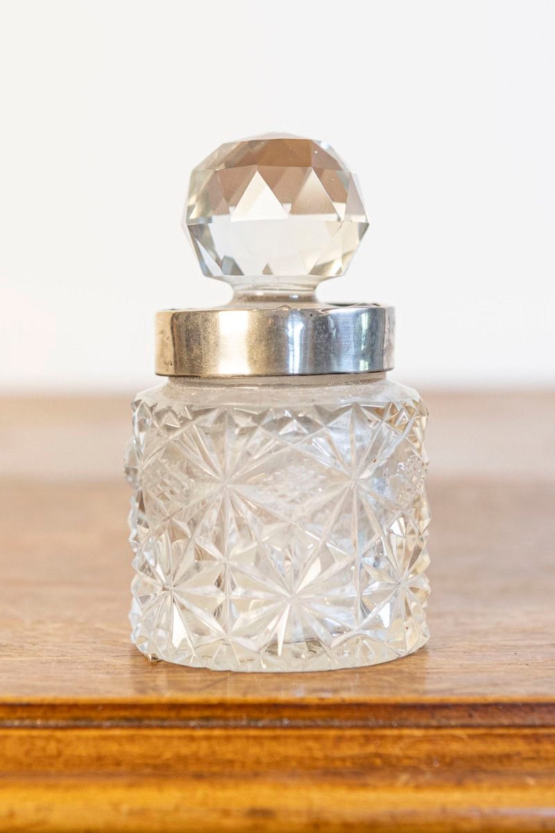 English 19th Century Crystal and Silver Jug with Diamond Motifs and Ball Stopper - JAA