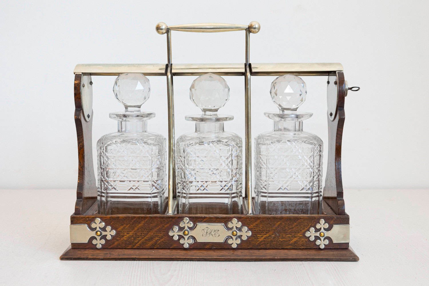English 19th Century Victorian Locking Tantalus with Three Cut Glass Decanters - JAA