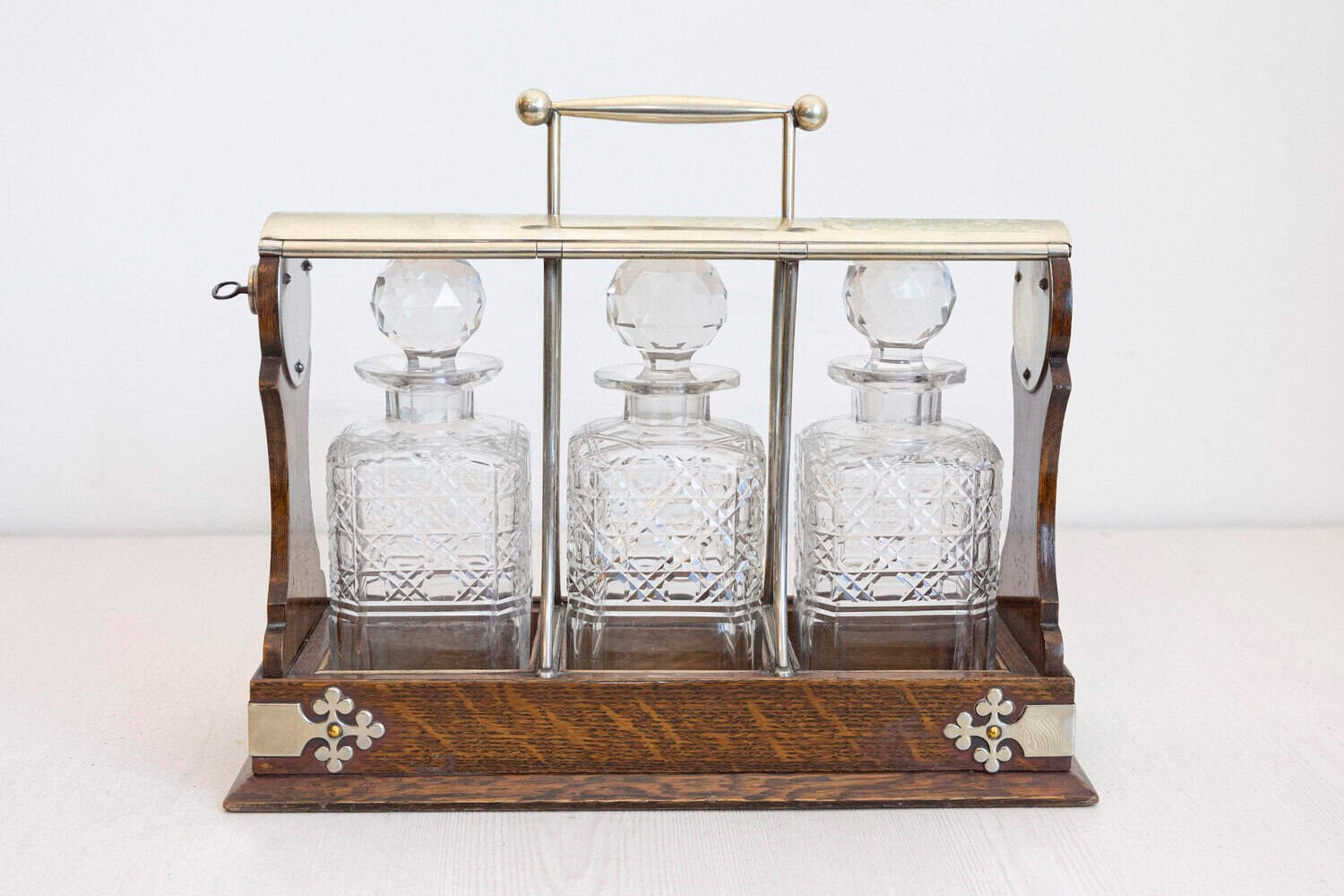 English 19th Century Victorian Locking Tantalus with Three Cut Glass Decanters - JAA