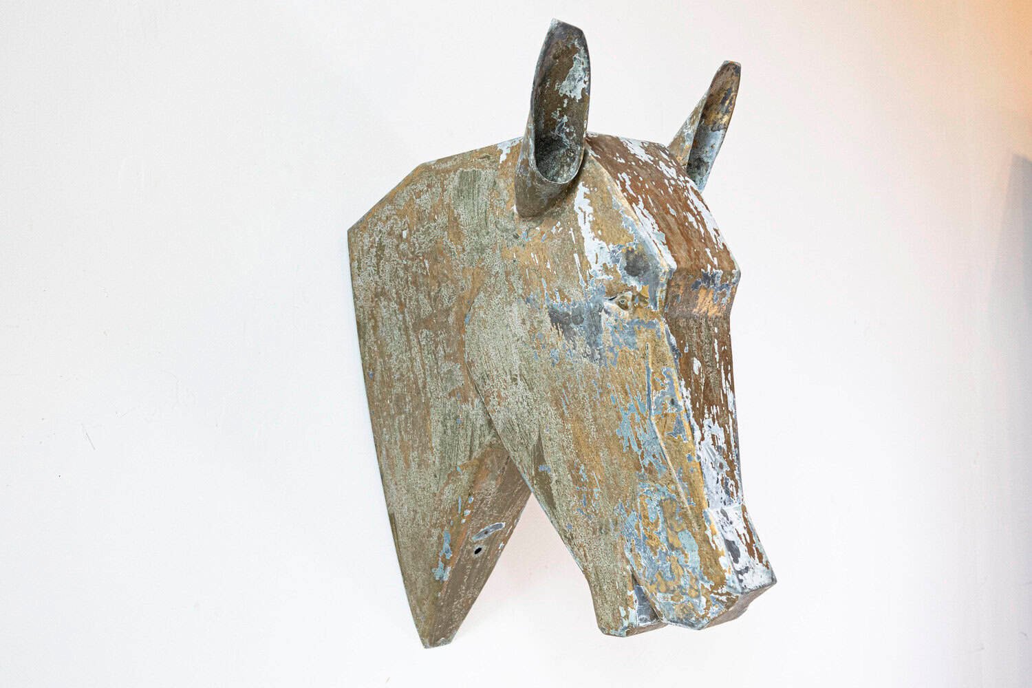 French 1890s Gilded Zinc Horse Head Sculpture with Angular Traits and Patina - JAA