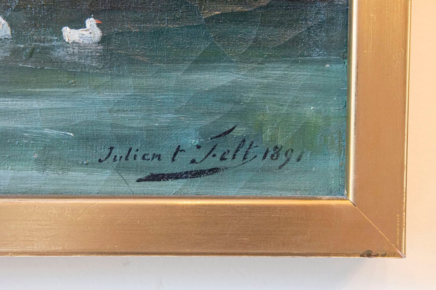 Belgian Julien t' Felt 1890s Gilt Framed Oil Painting Depicting a Farmyard Scene - JAA