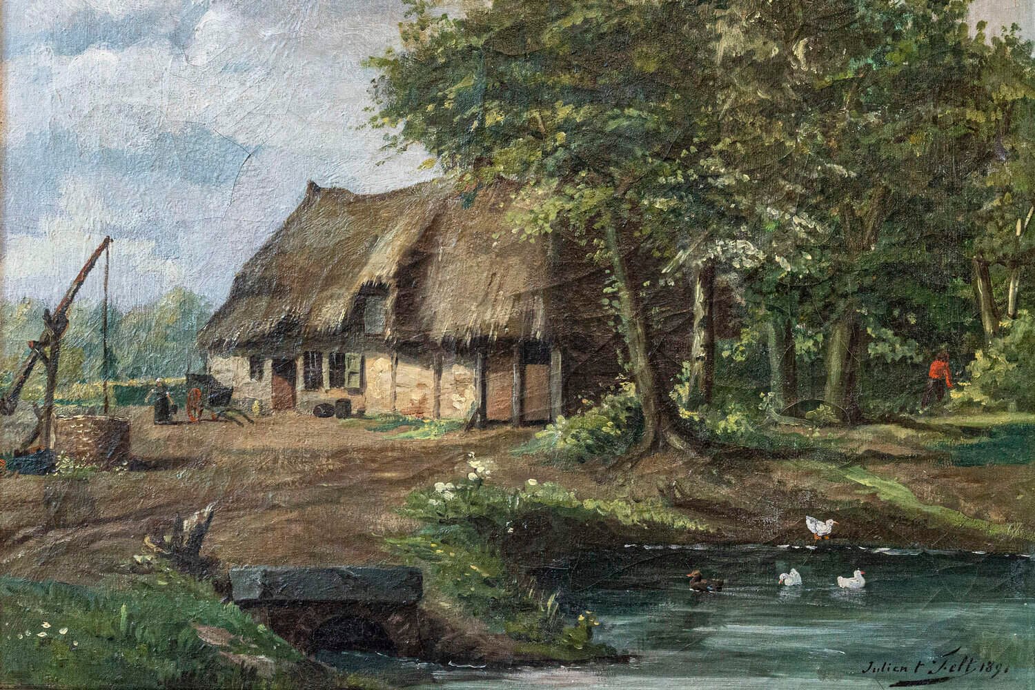 Belgian Julien t' Felt 1890s Gilt Framed Oil Painting Depicting a Farmyard Scene - JAA