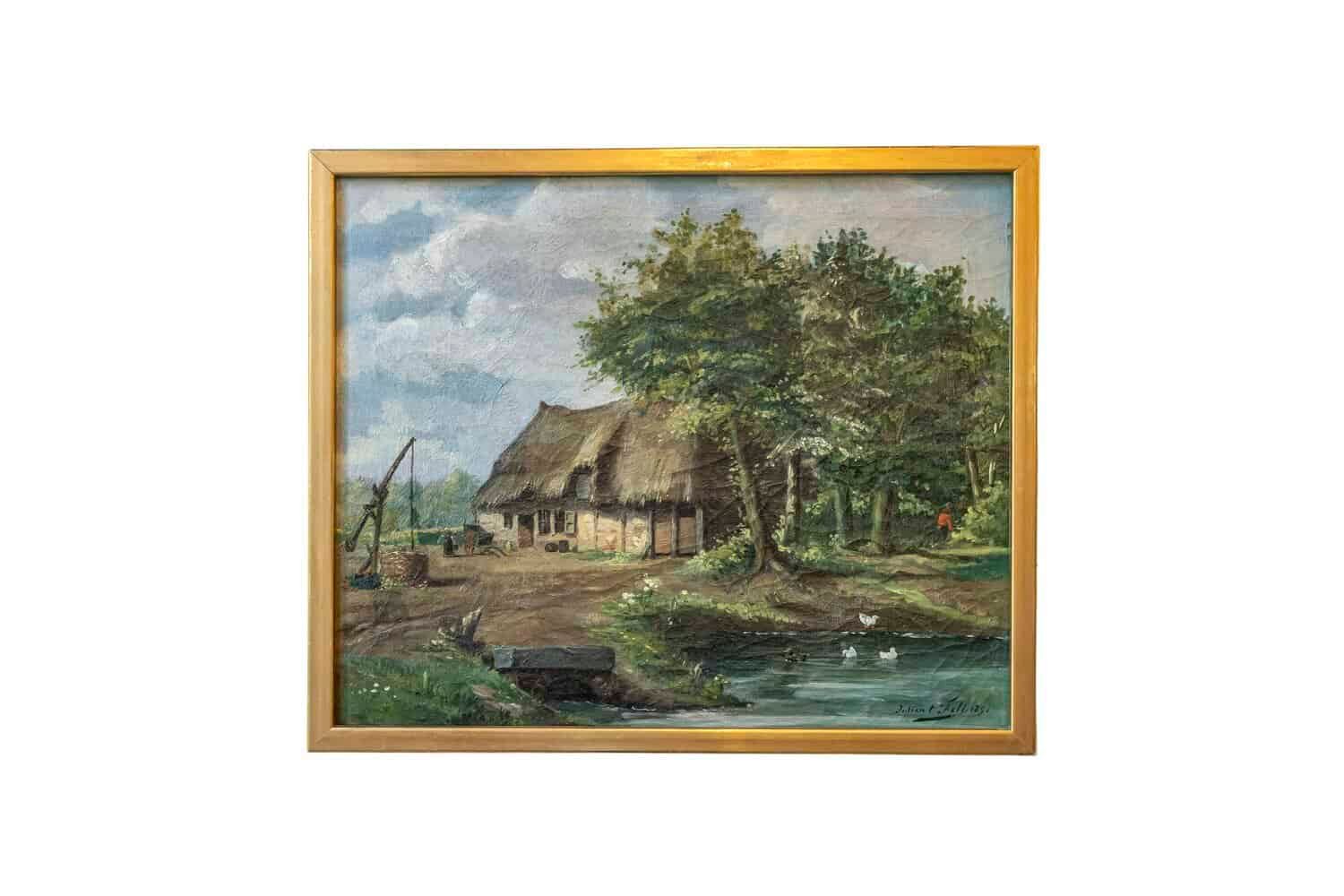 Belgian Julien t' Felt 1890s Gilt Framed Oil Painting Depicting a Farmyard Scene - JAA