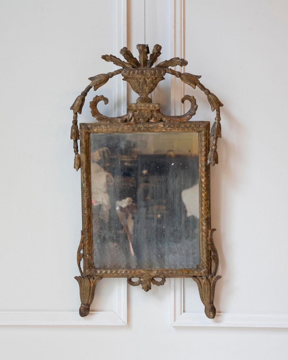 18th-Century Italian Giltwood Mirror with Carved Classical Crest - JAA