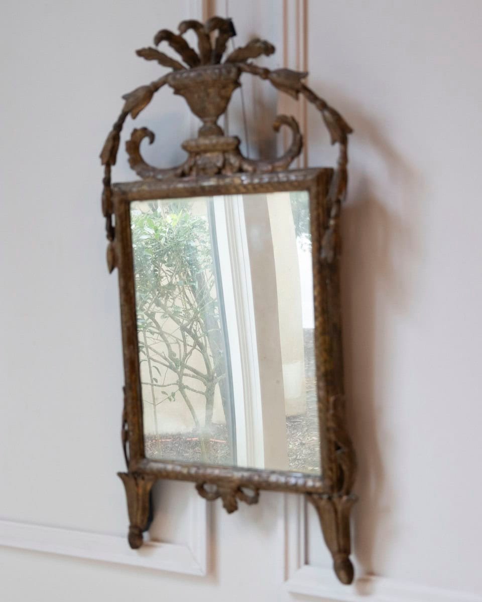 18th-Century Italian Giltwood Mirror with Carved Classical Crest - JAA