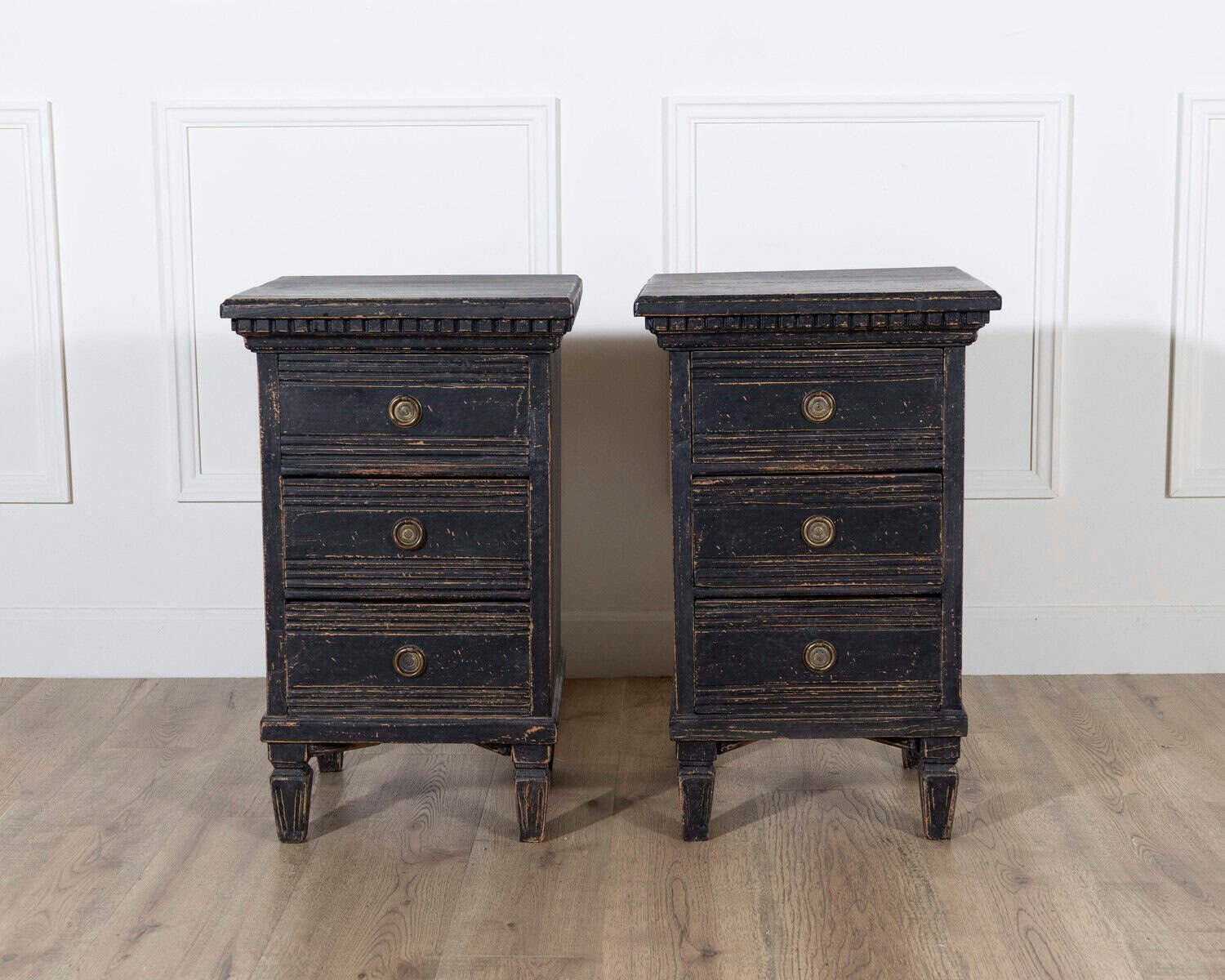 Pair of Scandinavian Black-Painted Bedside Tables with Brass Hardware, 20th Century - JAA