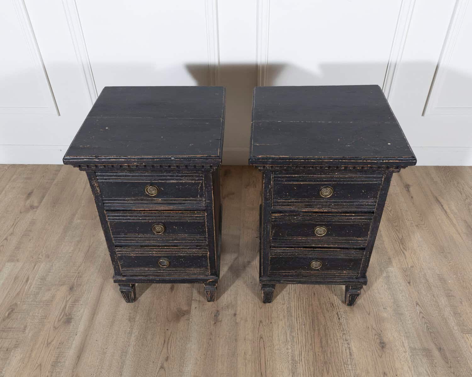 Pair of Scandinavian Black-Painted Bedside Tables with Brass Hardware, 20th Century - JAA