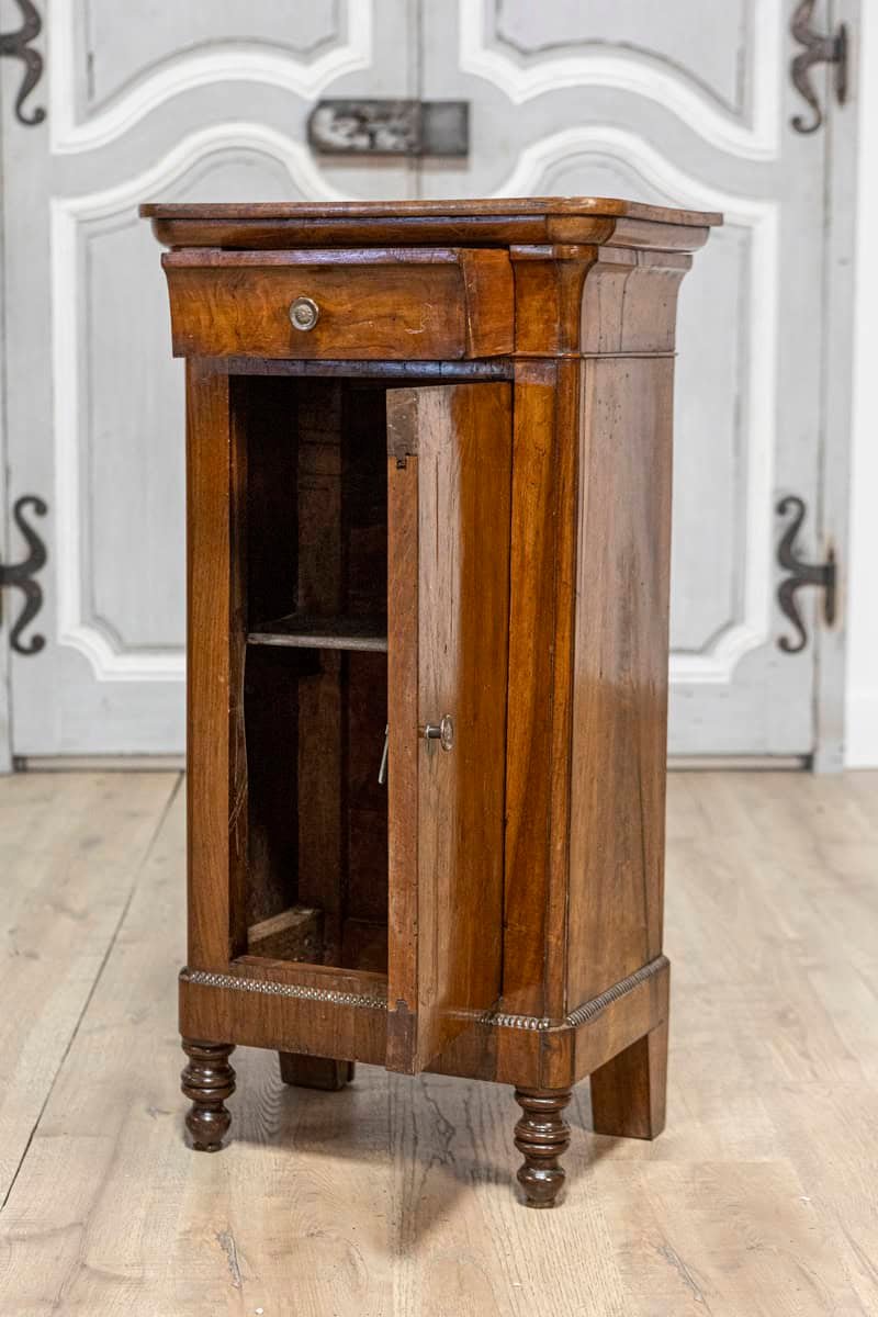 Italian 19th Century Walnut Bedside Table with Drawer over Door, Carved Motifs - JAA