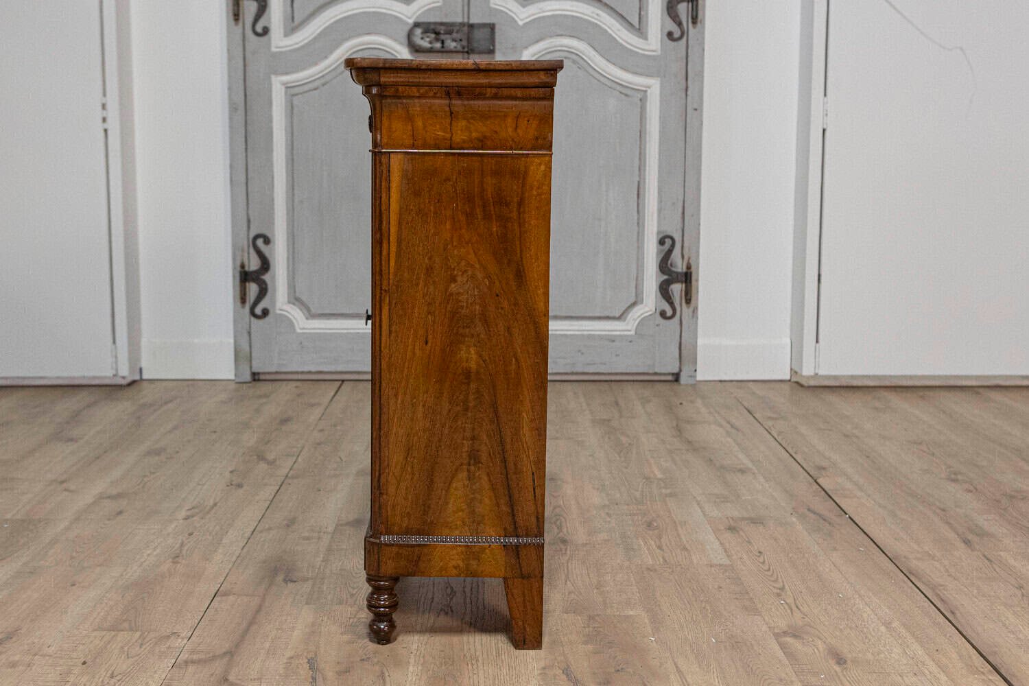 Italian 19th Century Walnut Bedside Table with Drawer over Door, Carved Motifs - JAA