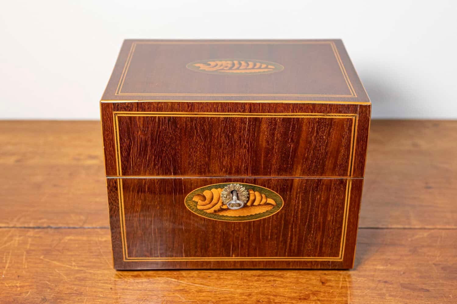 Danish 1840s Mahogany Box with Ash Shell Marquetry, Banding and Lateral Handles - JAA