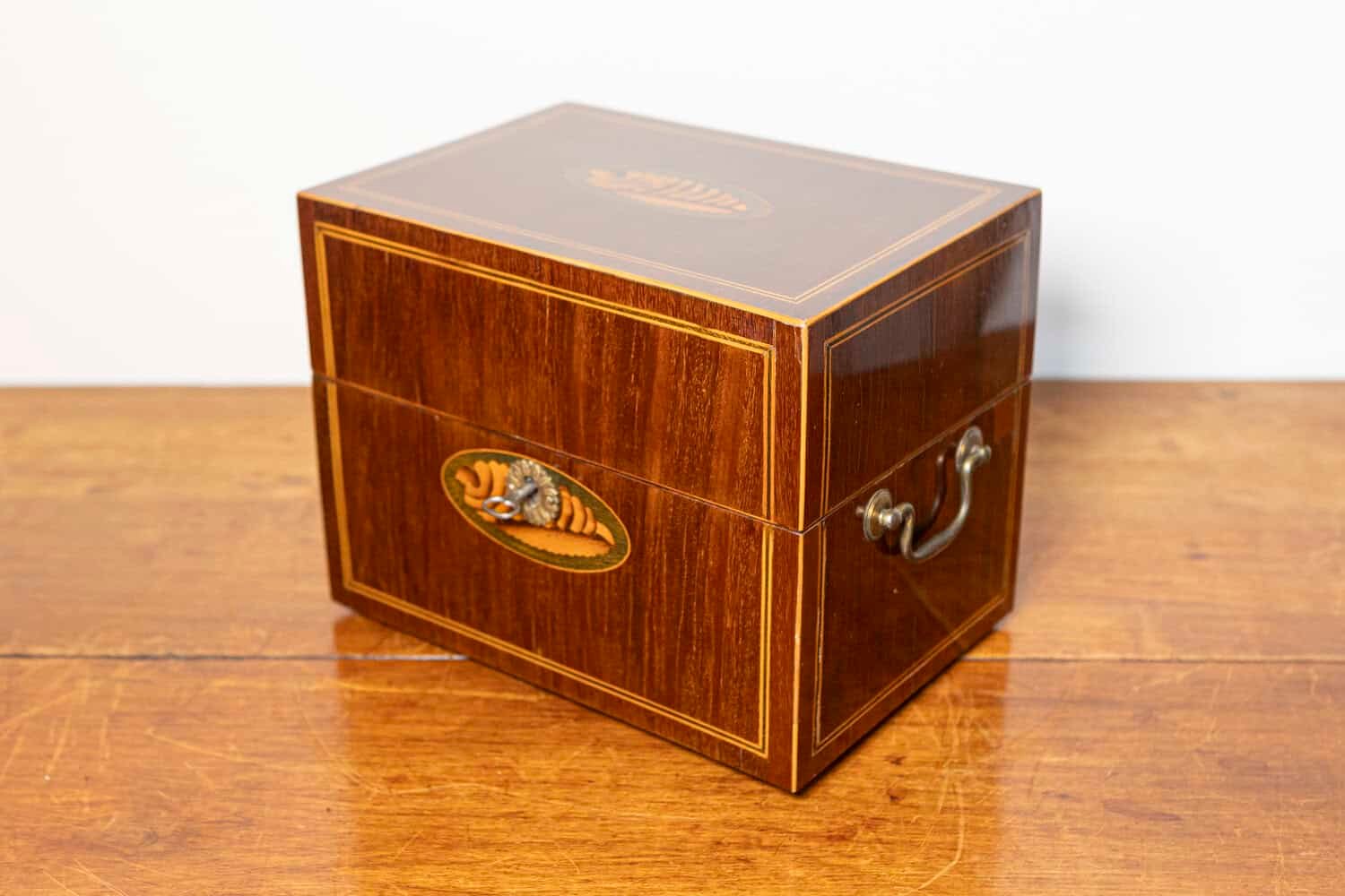 Danish 1840s Mahogany Box with Ash Shell Marquetry, Banding and Lateral Handles - JAA