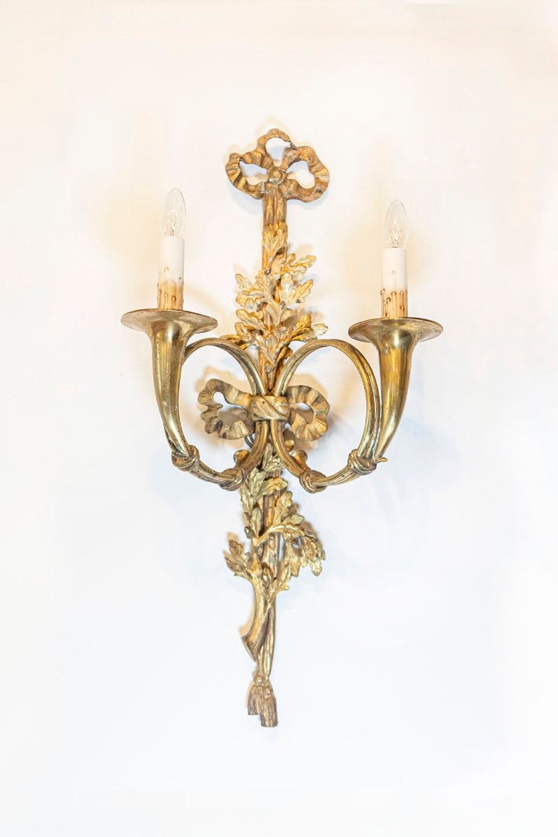 French 19th Century Louis XVI Style Bronze Two-Light Sconces with Hunting Horns, Pair - JAA