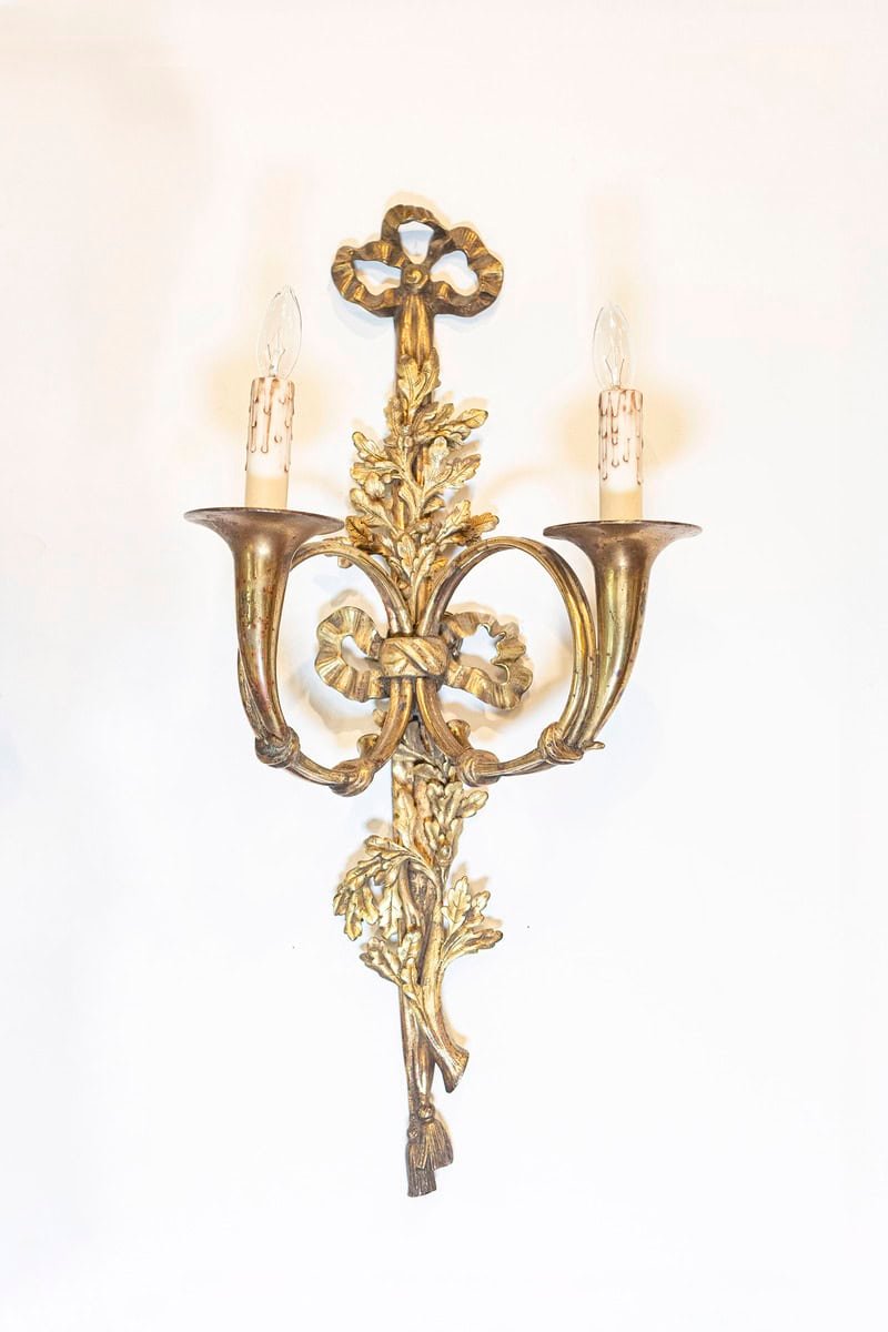 French 19th Century Louis XVI Style Bronze Two-Light Sconces with Hunting Horns, Pair - JAA