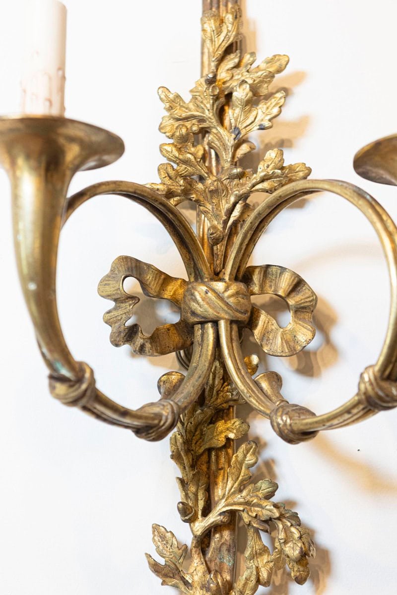 French 19th Century Louis XVI Style Bronze Two-Light Sconces with Hunting Horns, Pair - JAA