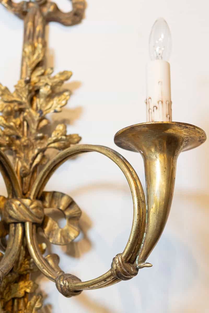 French 19th Century Louis XVI Style Bronze Two-Light Sconces with Hunting Horns, Pair - JAA