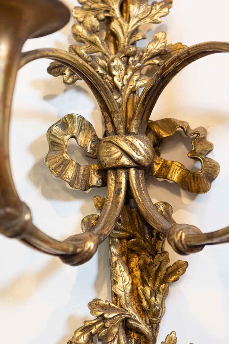 French 19th Century Louis XVI Style Bronze Two-Light Sconces with Hunting Horns, Pair - JAA