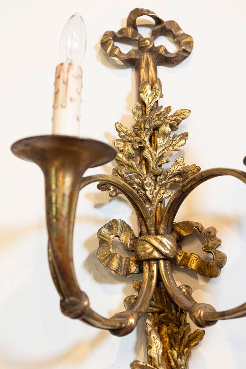 French 19th Century Louis XVI Style Bronze Two-Light Sconces with Hunting Horns, Pair - JAA