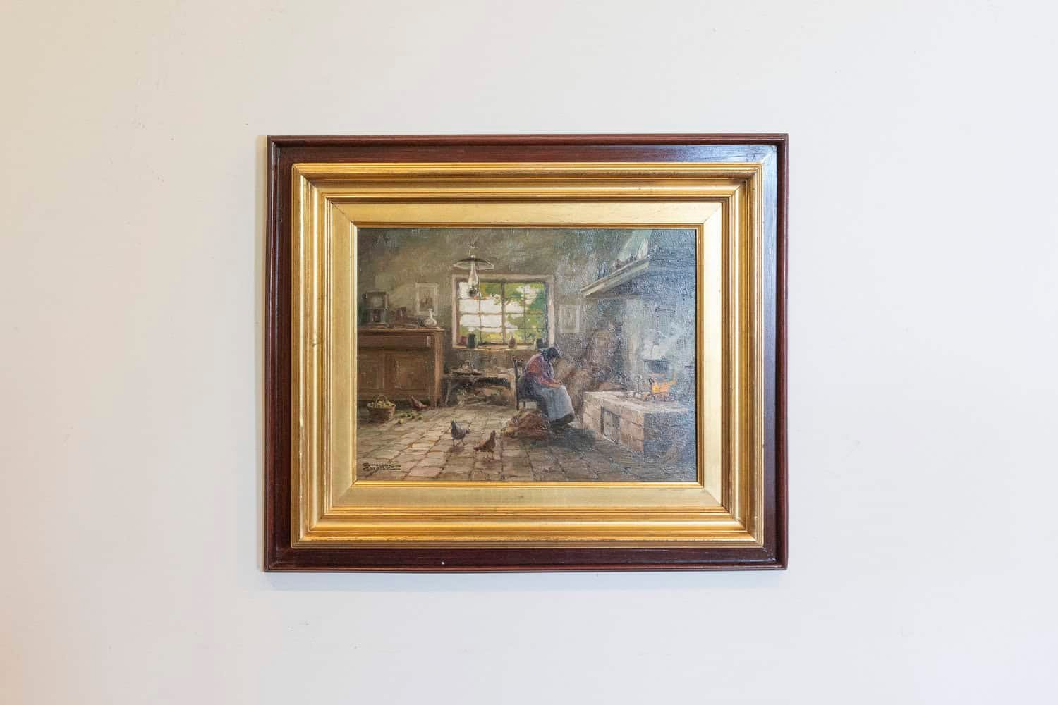 Italian Giuseppe Gheduzzi Oil on Panel Painting of Woman in Front of a Fireplace - JAA