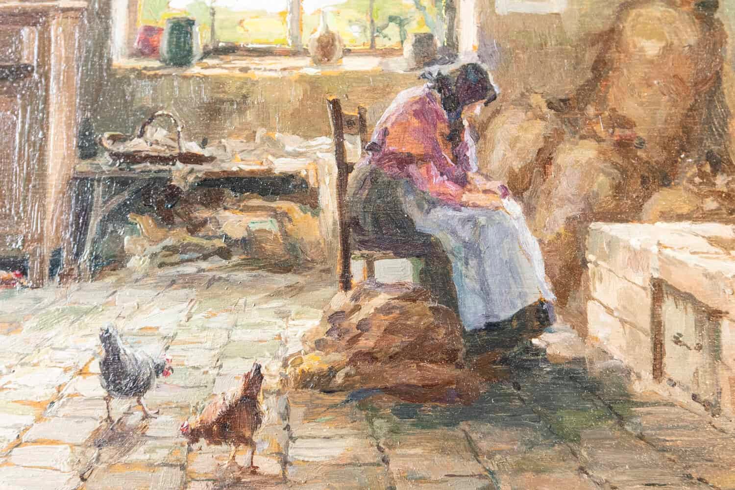Italian Giuseppe Gheduzzi Oil on Panel Painting of Woman in Front of a Fireplace - JAA