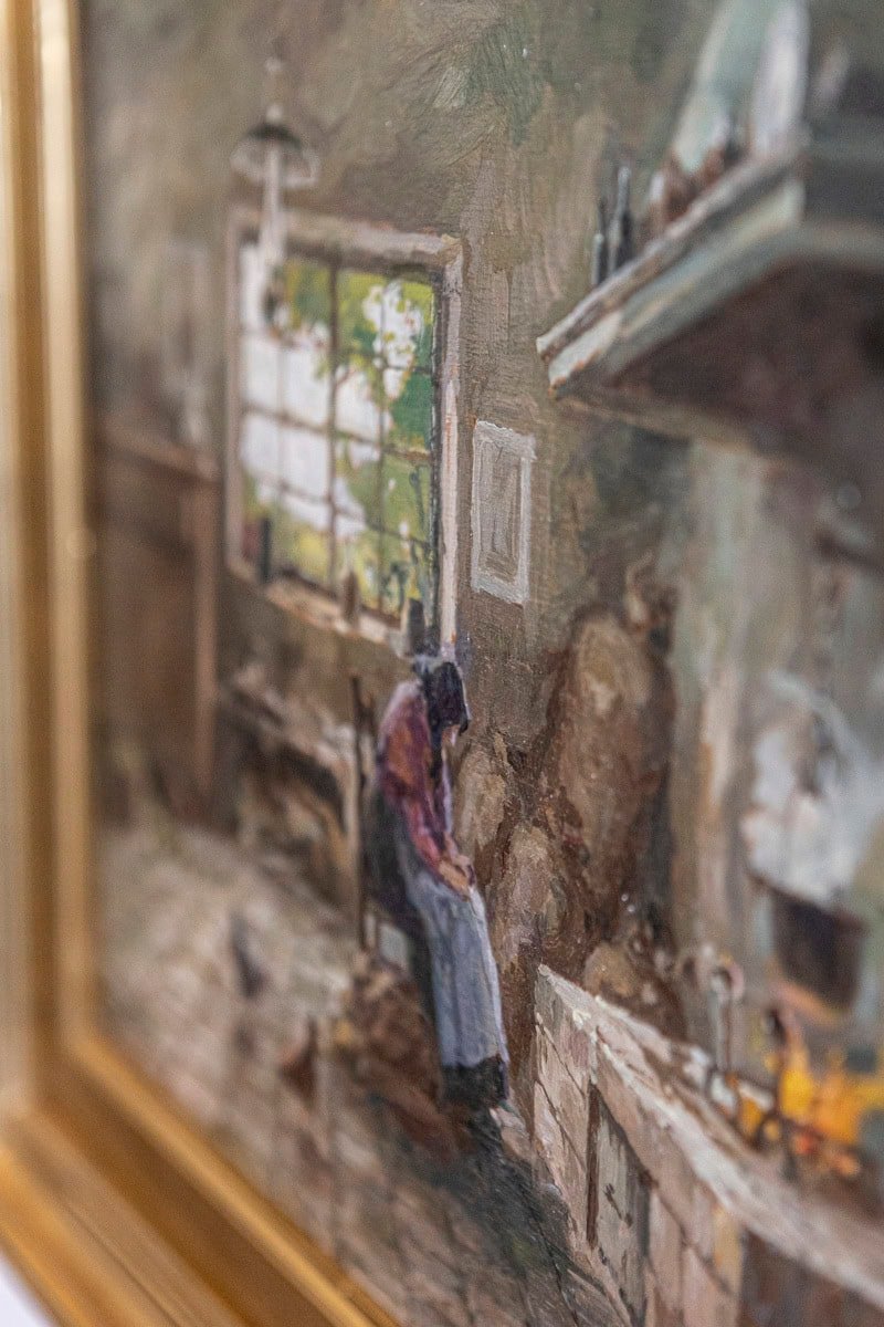 Italian Giuseppe Gheduzzi Oil on Panel Painting of Woman in Front of a Fireplace - JAA