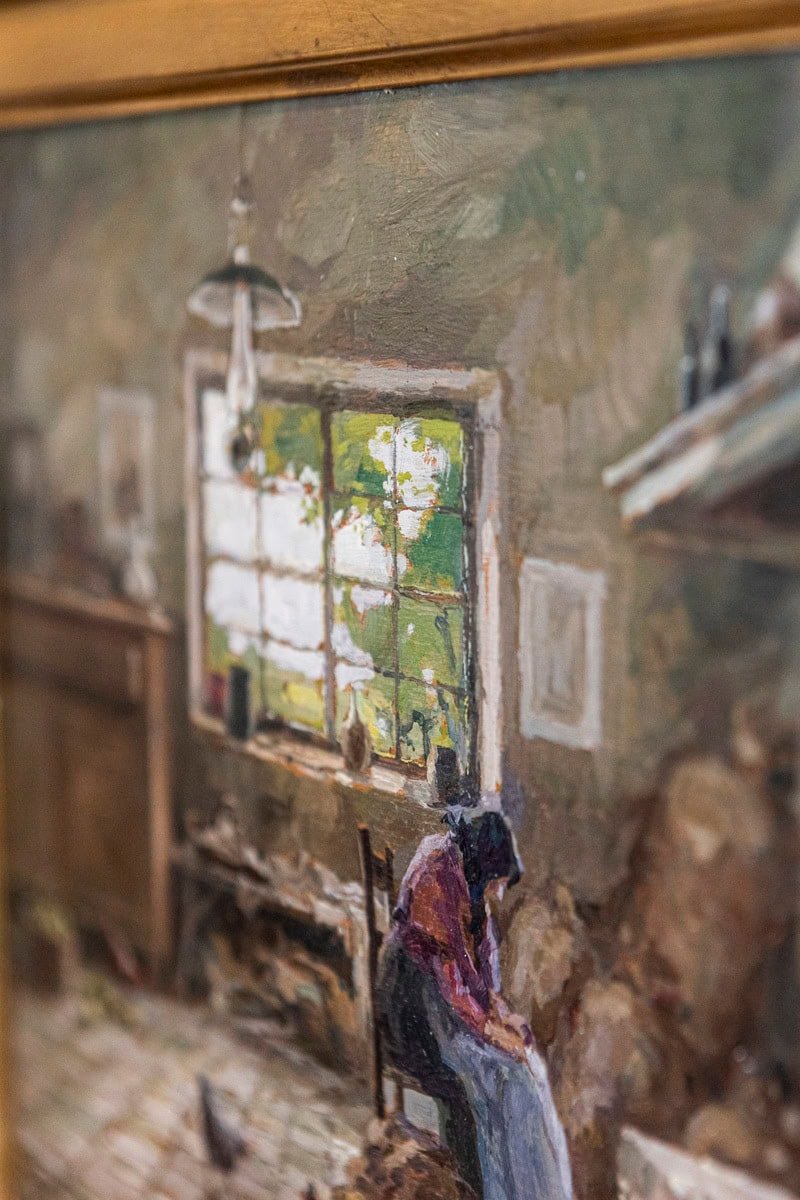 Italian Giuseppe Gheduzzi Oil on Panel Painting of Woman in Front of a Fireplace - JAA