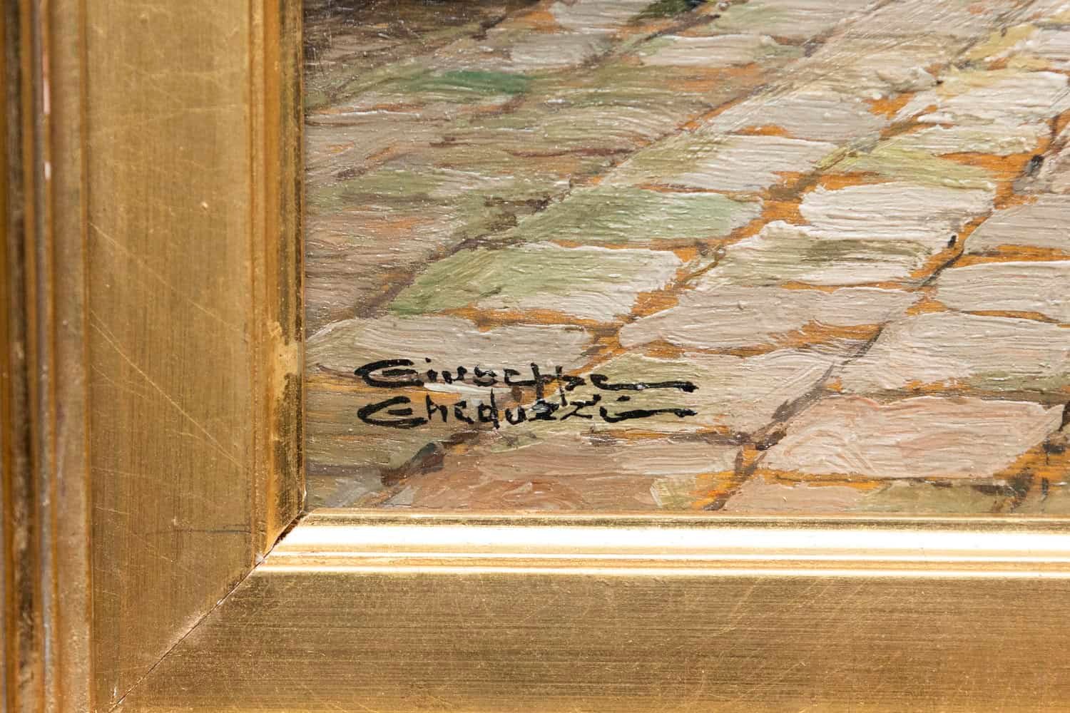 Italian Giuseppe Gheduzzi Oil on Panel Painting of Woman in Front of a Fireplace - JAA