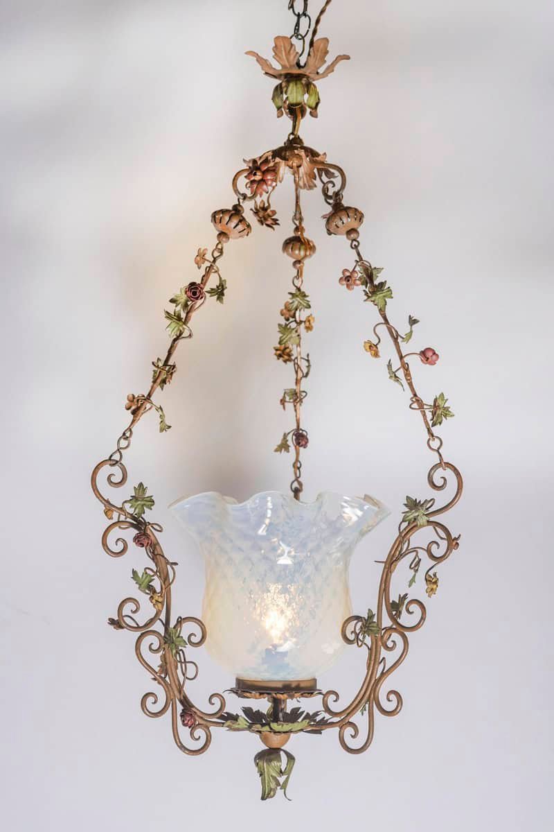 20th Century Italian Tole Lantern with Hand-Painted Floral Garland and Opaline Glass Shade - JAA