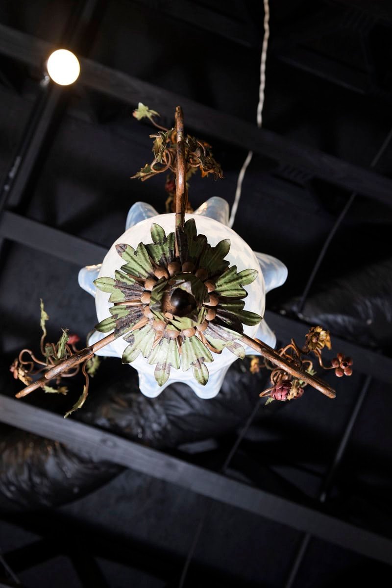 20th Century Italian Tole Lantern with Hand-Painted Floral Garland and Opaline Glass Shade - JAA