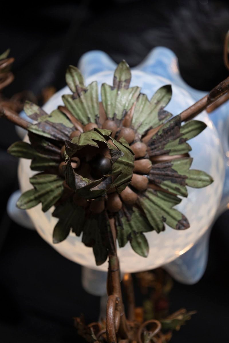 20th Century Italian Tole Lantern with Hand-Painted Floral Garland and Opaline Glass Shade - JAA