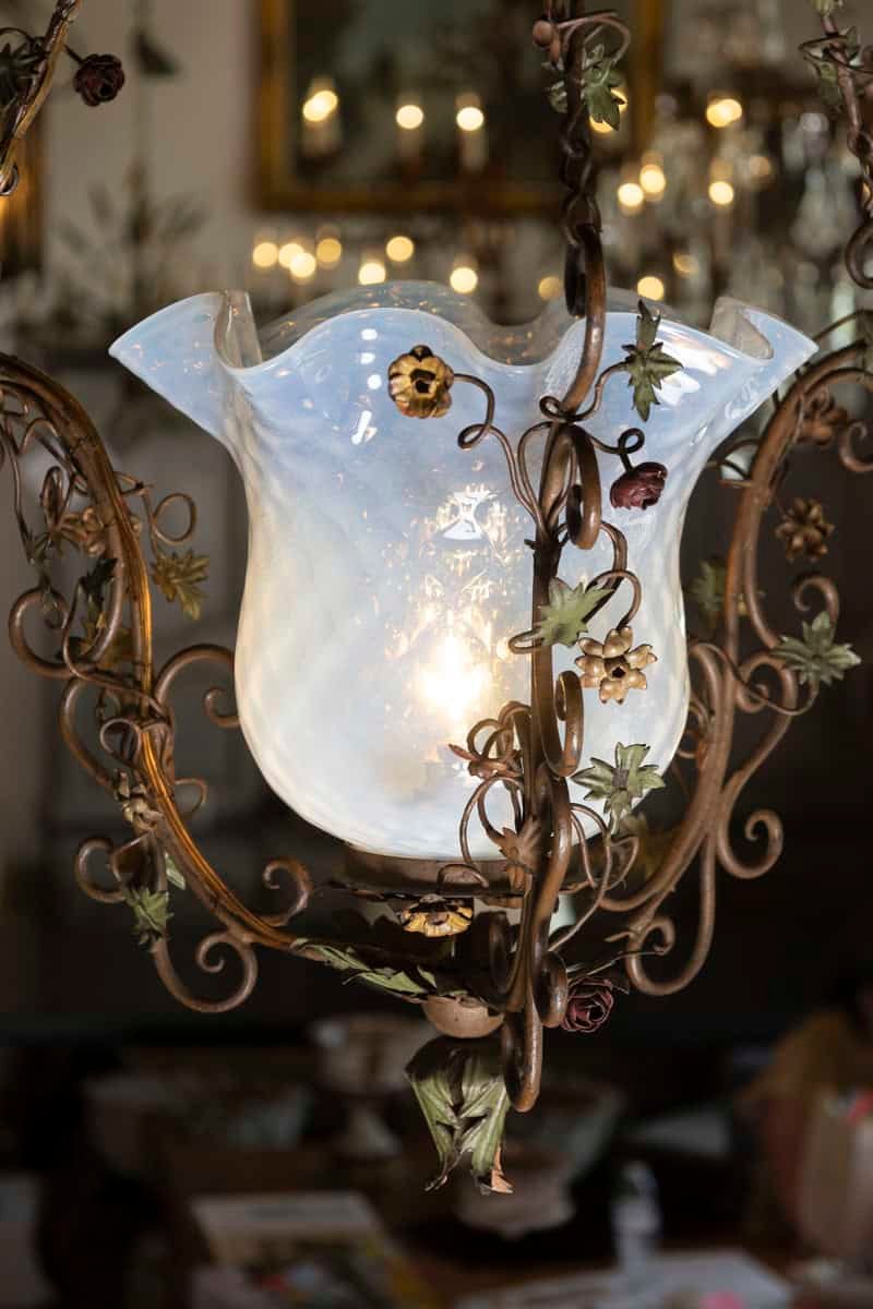 20th Century Italian Tole Lantern with Hand-Painted Floral Garland and Opaline Glass Shade - JAA