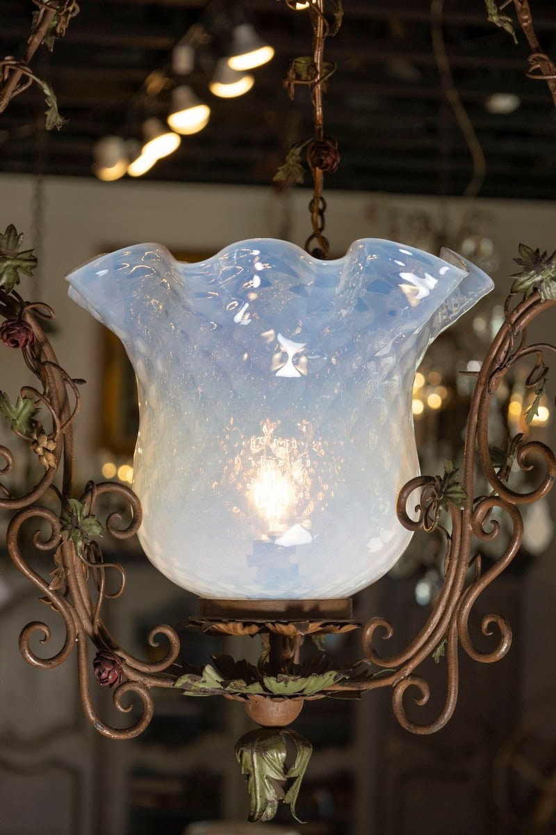 20th Century Italian Tole Lantern with Hand-Painted Floral Garland and Opaline Glass Shade - JAA