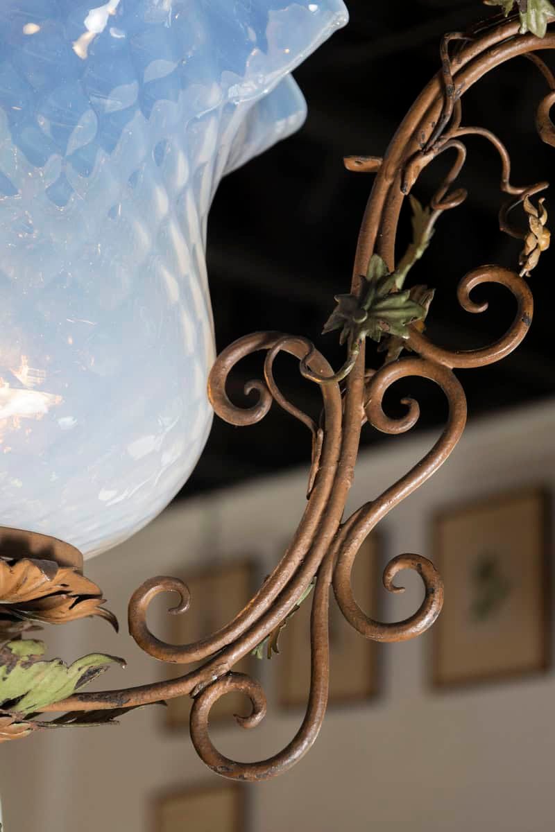 20th Century Italian Tole Lantern with Hand-Painted Floral Garland and Opaline Glass Shade - JAA