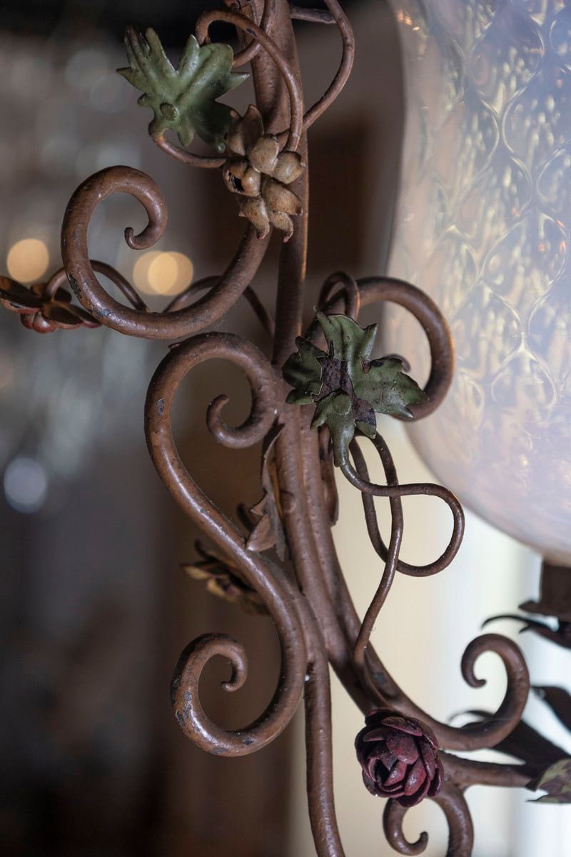 20th Century Italian Tole Lantern with Hand-Painted Floral Garland and Opaline Glass Shade - JAA