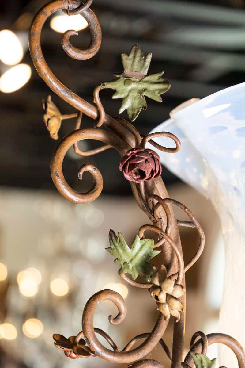 20th Century Italian Tole Lantern with Hand-Painted Floral Garland and Opaline Glass Shade - JAA